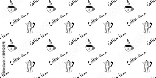 Vector seamless pattern with hand drawn moka pot, coffee cup, coffee time lettering on white background. Cute black and white cafe wallpaper for menu, textile, wrapping paper, barista branding design.