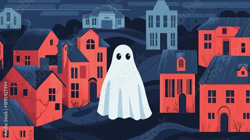 A whimsical ghost stands in a colorful, stylized village with red houses and a dark blue sky, creating a playful, eerie atmosphere.