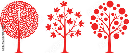 Red tree silhouettes with different leaf leaves dots