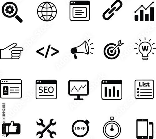 Digital marketing and SEO line icon set featuring search engine optimization web analytics target audience magnifying glass content strategy and social media branding symbols