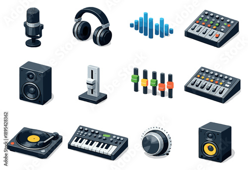 Creative Audio Production set of icons in flat isometric style: microphone, headphones, audio waveform, mixing console, speaker, fader, equalizer, soundboard. Vector icons