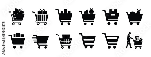 Shopping cart and trolley silhouette icon set, retail store purchase symbol, e-commerce grocery basket, delivery box and package, customer shopping behavior, and more vector illustration with editable