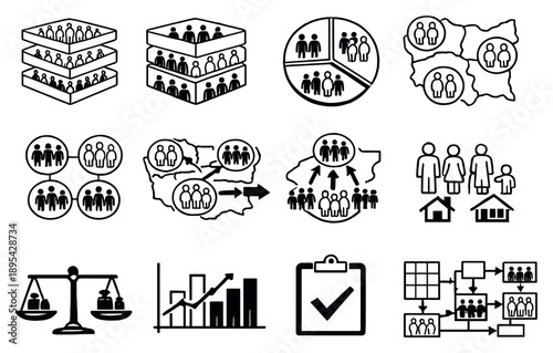 Stratified and cluster sampling in outline style: layered population blocks, strata segments, proportional slices, cluster groups circles, region map clusters. Vector icons