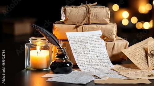 Old letters and packages on a table with a candle and ink in a warm setting during the evening