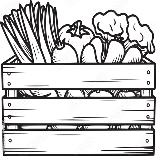A crate filled with vegetables including leeks broccoli turnips and peppers in black and white outline