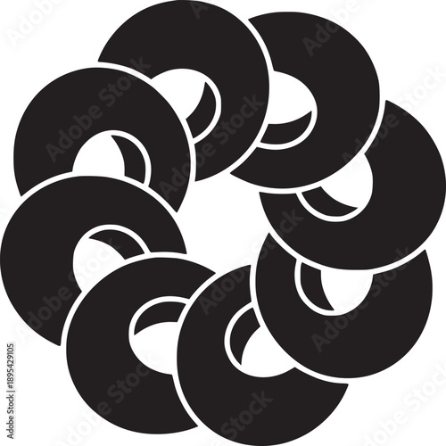A circular arrangement of overlapping black torus shapes against a white background in a pattern design