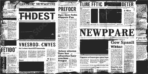 Vector white and black newspaper paper grunge vintage old aged texture with fragments of newspaper text Transparent background. Newspaper with old grunge vintage unreadable paper texture background.