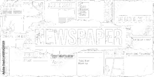 Vector white and black newspaper paper grunge vintage old aged texture with fragments of newspaper text Transparent background. Newspaper with old grunge vintage unreadable paper texture background.