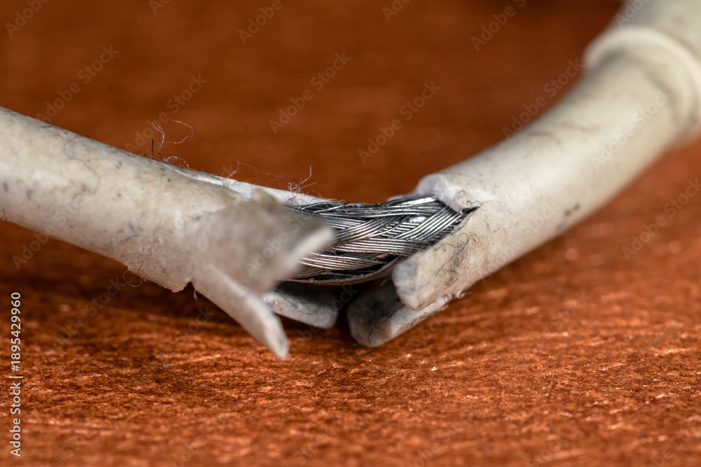 Obraz premium Damaged charging cable with white torn insulation