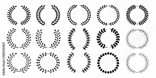 Collection of hand drawn laurel wreaths and decorative botanical elements