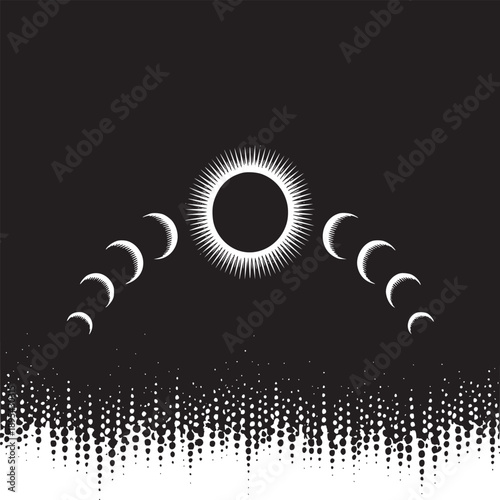 A graphic illustration of moon phases with a sun and a dotted pattern in black and white tones
