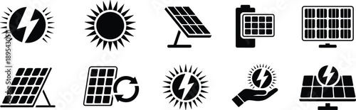 Solar energy icon set, renewable power symbols, photovoltaic panels, clean electricity vector illustration