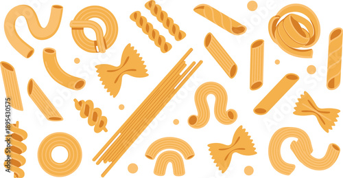 Italian pasta shapes illustration set, spaghetti penne fusilli macaroni varieties, dry pasta vector collection