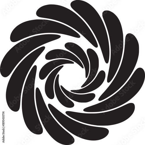 A black and white abstract circular design with teardrop shapes rotating around a central opening space