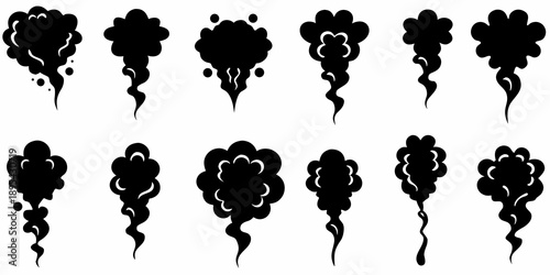 Stylized black smoke puffs arranged in two rows on a white background