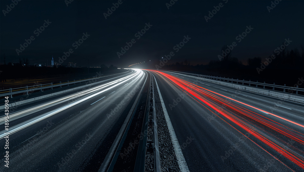 Obraz premium 夜の都市高速を白赤の光跡が貫く長時間露光の風景