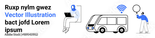 Woman using laptop seated, bus with wireless signal, person holding balloon emphasizing technology, travel, remote work, public transport, collaboration, digital connection, simple landing page