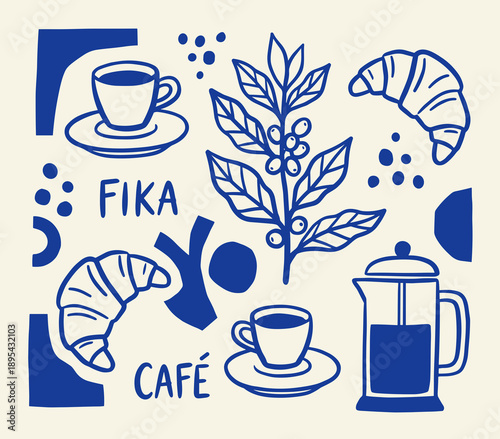 Hand drawn blue illustration set featuring coffee cups croissants french press and coffee plant branch for cafe branding and fika culture design