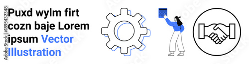 Business operations, teamwork, education, problem-solving, innovation, collaboration. Gear icon, person reading a book and handshake graphic. Business operations and collaboration concept