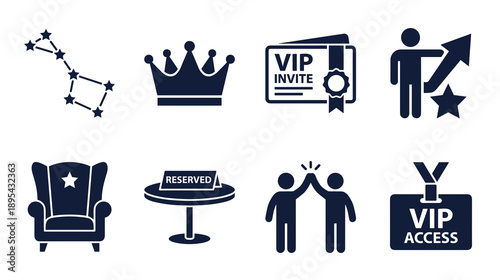 Collection of black silhouette icons representing exclusive access success and status including a crown invitation badge reserved table and corporate partnership symbols