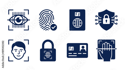 A collection of blue biometric security icons representing facial recognition fingerprint scanning iris identification passport verification and digital data protection for technology