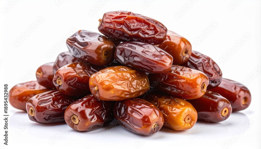 Obraz premium Pile of glossy brown dates on white background