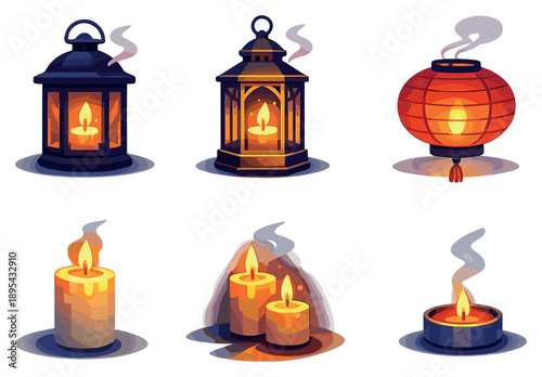 Visual Atmosphere in flat style: Lantern, Candle Flame, Shadow, Glow, Smoke, Twilight Sky. Vector icons