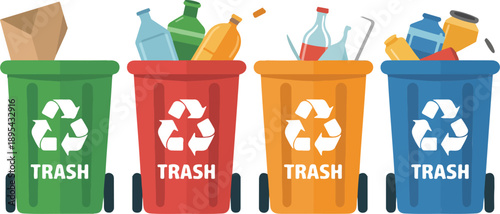 Colorful Wheeled Trash Cans Vector Illustration Household Garbage and Recycling