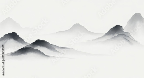 Minimalist Chinese Ink Wash Painting of Misty Mountain Landscape