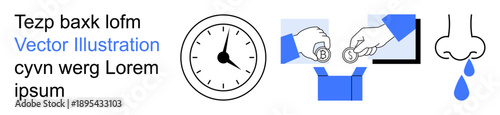 Timekeeping, financial management, healthcare, productivity, donation, responsible spending. a clock, hands exchanging money and a runny nose. Time management and financial management concepts