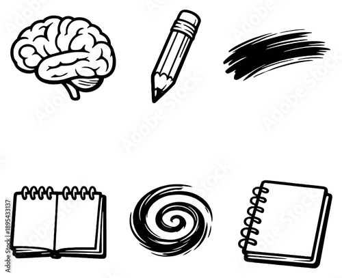 Creative Focus in outline style: Brain Outline, Pencil, Brush Stroke, Notebook, Spiral, Sketch. Vector icons