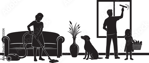 Silhouette of a family cleaning a home together, with a woman vacuuming, a man washing a window, and a child holding a basket, depicting domestic harmony and chores also transparent background