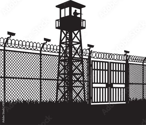 Black silhouette of prison watchtower with guard and fence cameras also transparent background security