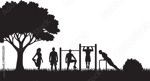 Black silhouettes of people exercising outdoors on bars and grass under a large tree also transparent background