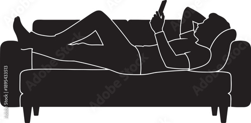Silhouette of a person reclining on a couch holding a smartphone with a transparent background also transparent background