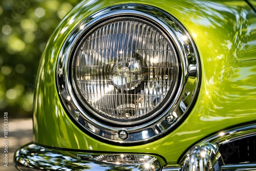Chrome Headlight Detail of Classic Green Vintage Car in Sunlight