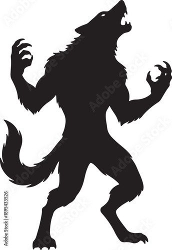 Silhouette of a snarling werewolf with raised claws and a bushy tail, depicted in a dynamic, aggressive stance against a white background also transparent background