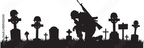 Silhouette of a soldier kneeling in a graveyard with a rifle, surrounded by gravestones and helmets, symbolizing remembrance and sacrifice also transparent background