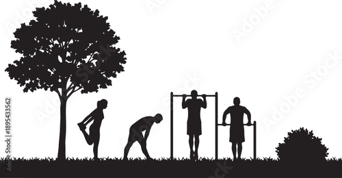 Silhouette of people exercising outdoors in a park with a large tree and exercise bars on a grassy field also transparent background