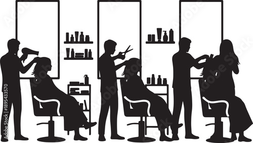 Silhouettes of hairdressers styling clients hair in a modern salon with mirrors and shelves of products also transparent background