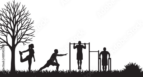 Silhouettes of people exercising outdoors with a tree and grass in a park setting fitness exercise also transparent background