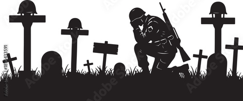 Silhouette soldier kneeling in cemetery with rifle and helmeted grave markers also transparent background