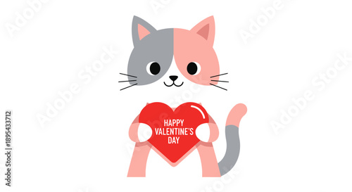 Cartoon Cat Holding Heart Valentines Day.