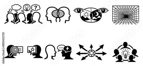 Plural View System in outline style: multiple silhouettes, thought bubbles, intersecting views, perspective grid, interpretive filters, dialogue exchange. Vector icons