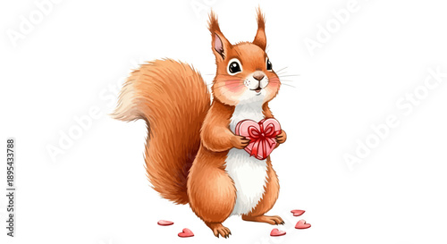 Adorable Squirrel Holding Pink Flowers Illustration.