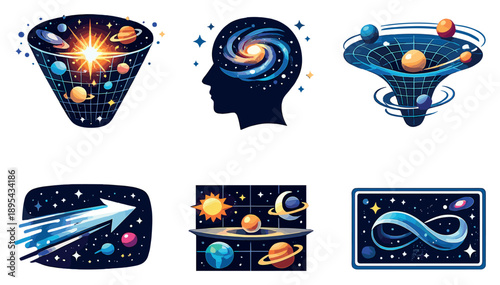 Galactic Mindsets in flat style: expanding universe shape, spiral galaxy thinker, gravity well focus, light-speed arrow, cosmic balance grid, infinite space. Vector icons