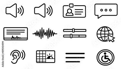 Multispeaker and captioning transcription in outline style: multiple speaker icons, dialogue speech bubbles, speaker label tags, caption box frame, subtitle. Vector icons