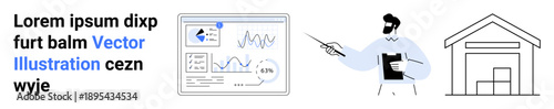 Business strategy, data analysis, logistics planning, market research, education, data presentation. Visual of charts, a presenter pointing to data and a warehouse symbol. Business strategy and data