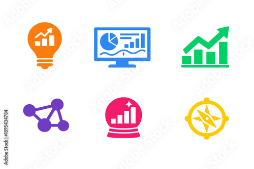 Business intelligence insight icon set with six single-color vector icons. Ideal for BI platforms, analytics dashboards, reports, and modern UI design.