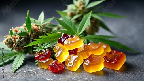 Cannabis gummies and cannabis plant close up on a table with green leaves showing details of the product and natural elements